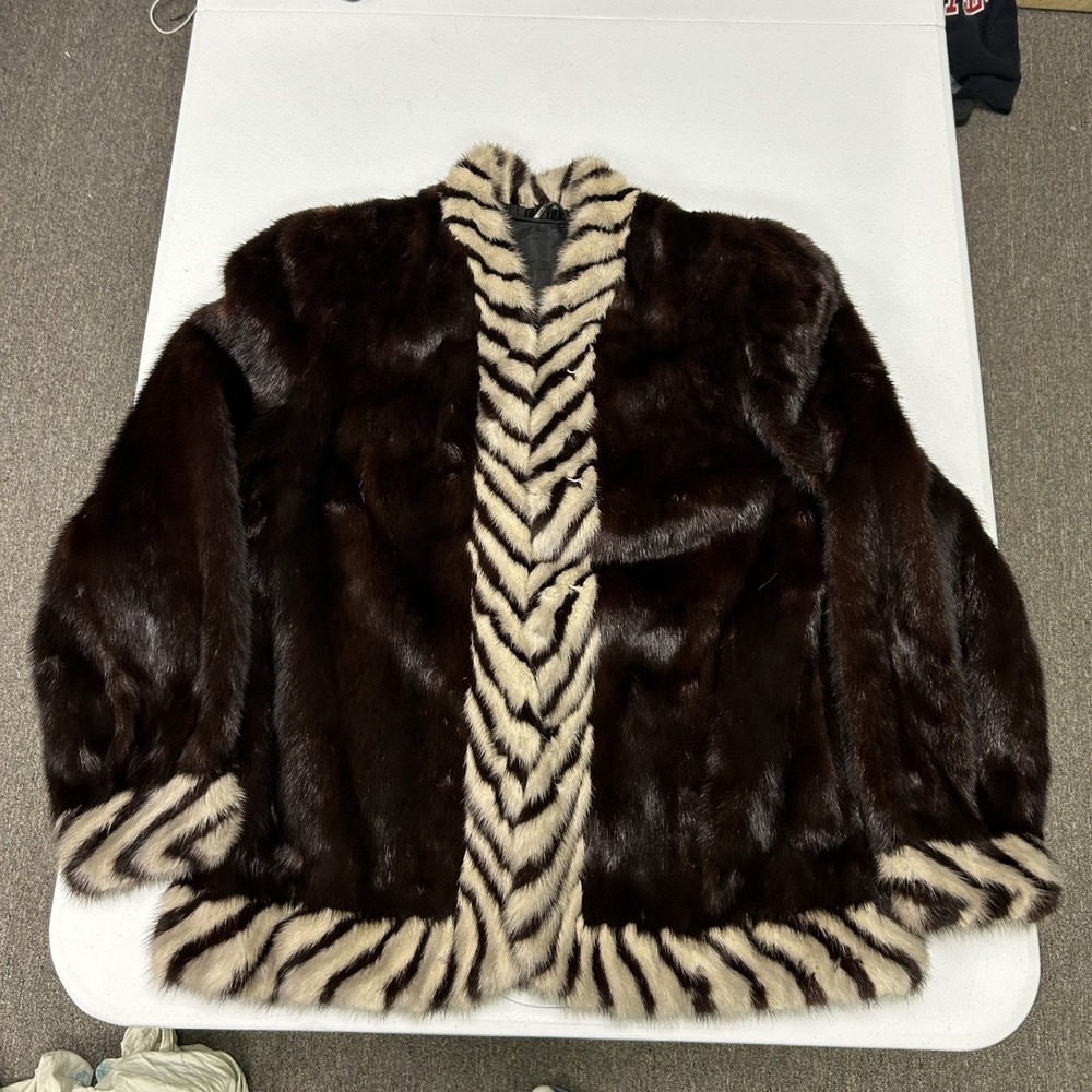 Unbranded Mink Fur Jacket Womens Dark Brown Zebra Trim Glam Luxury